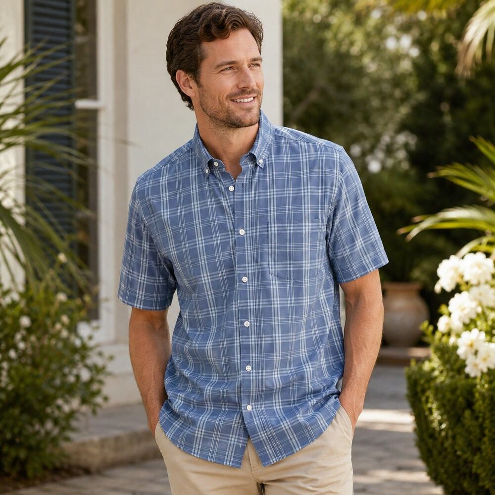 George Blue Plaid Short Sleeve Button Down Poplin Shirt Men's Small NWT Prep